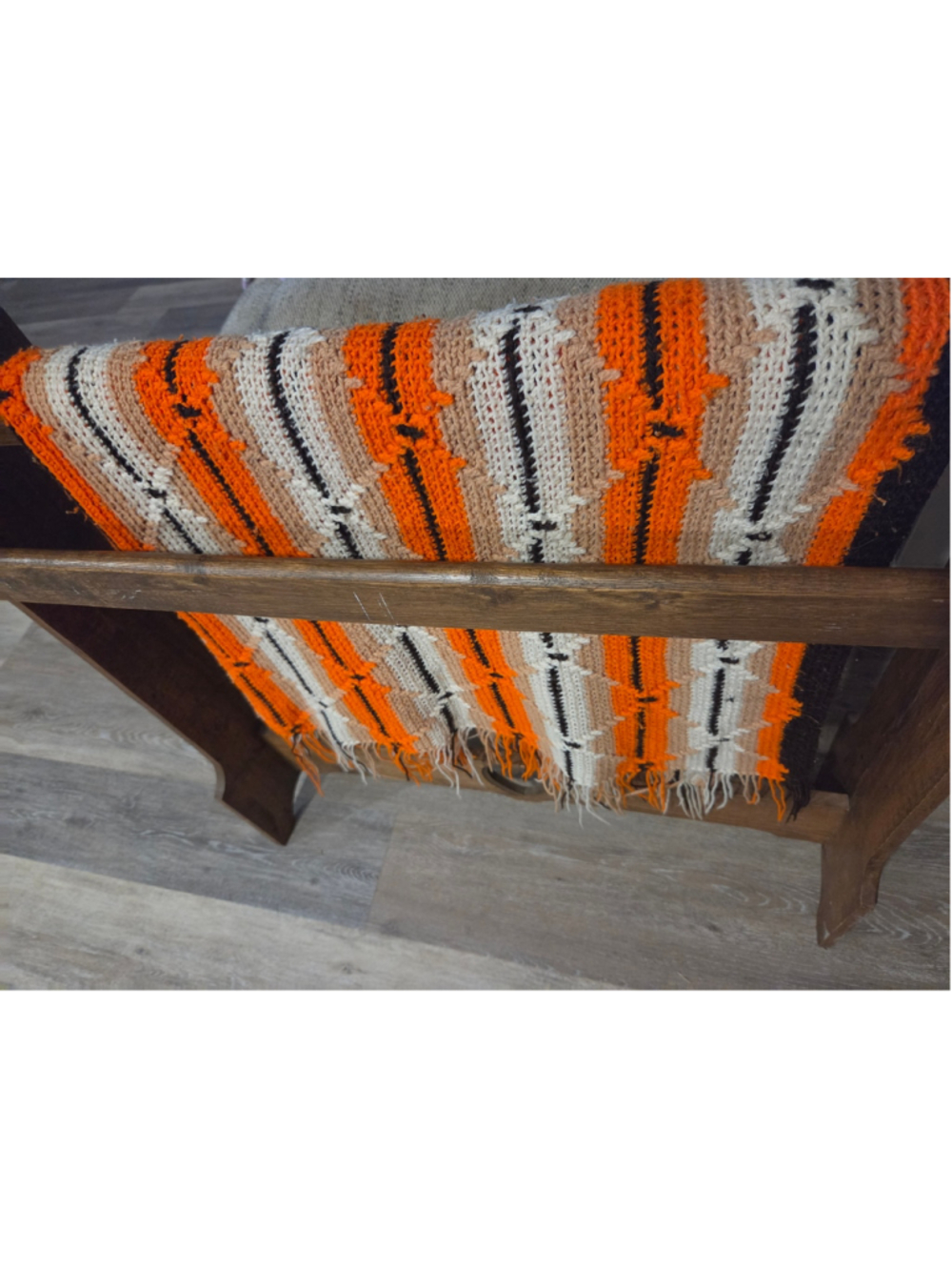 Unbranded Crochet Throw Blanket One Size Orange Beige Striped Fringe